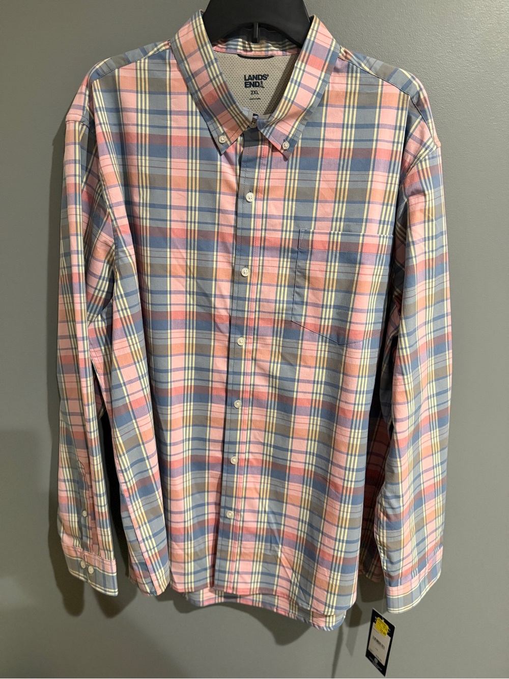 Lands' End Men's Pink, Blue & Cream Plaid Button-Down Shirt